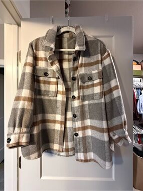 Men's Plaid Button-Up Shacket Jacket - Gray & Brown